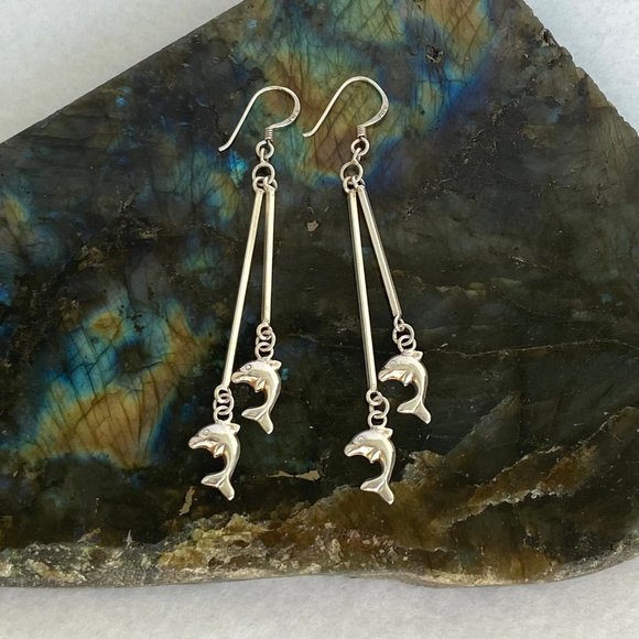 Jewelry - Sterling Silver 925 2.5" Long Bar Dainty Jumping Dolphin Dangle Earrings